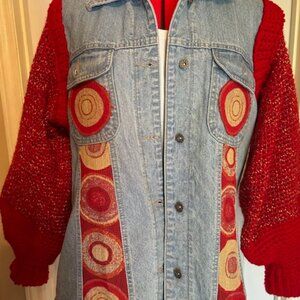 Denim and Red Circle with Crocheted Sleeves
